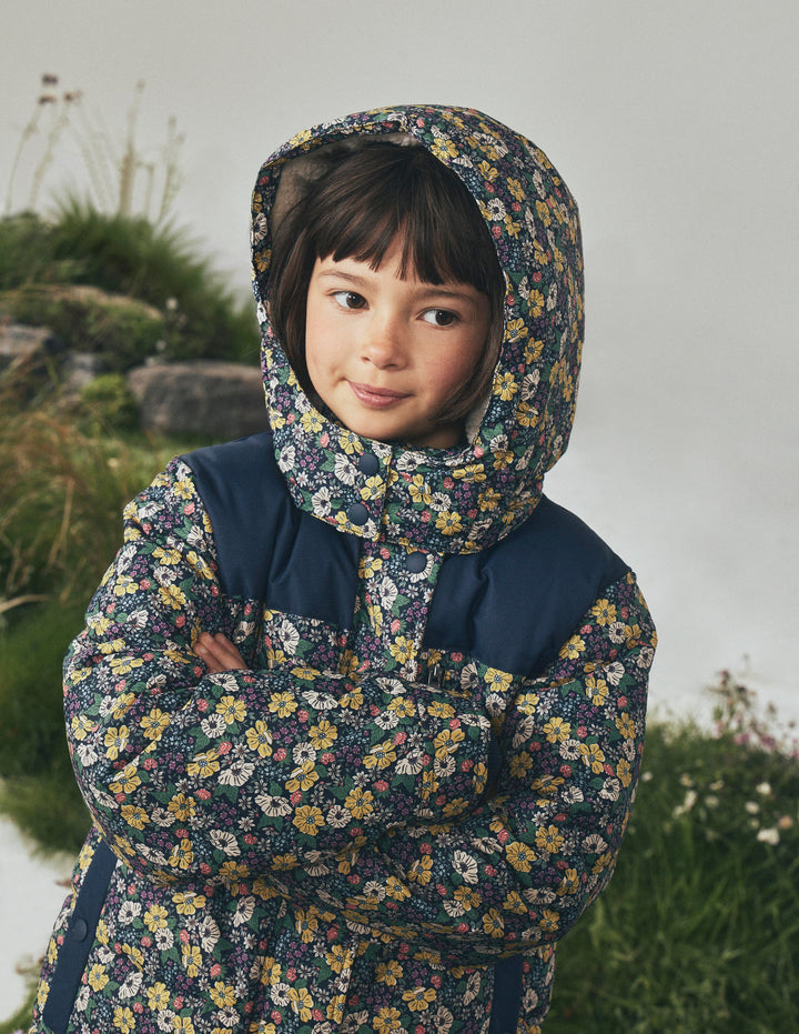 Borg Lined Puffer Coat-French Navy Mixed Flowerbed