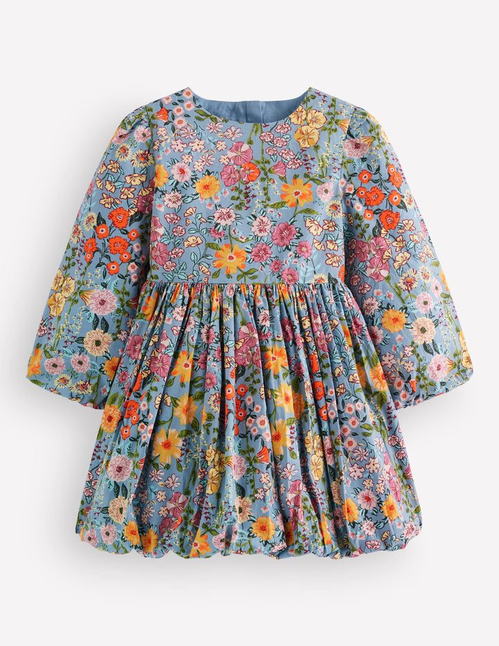 Long Sleeve Bubble Hem Dress-Blue Multi Floral