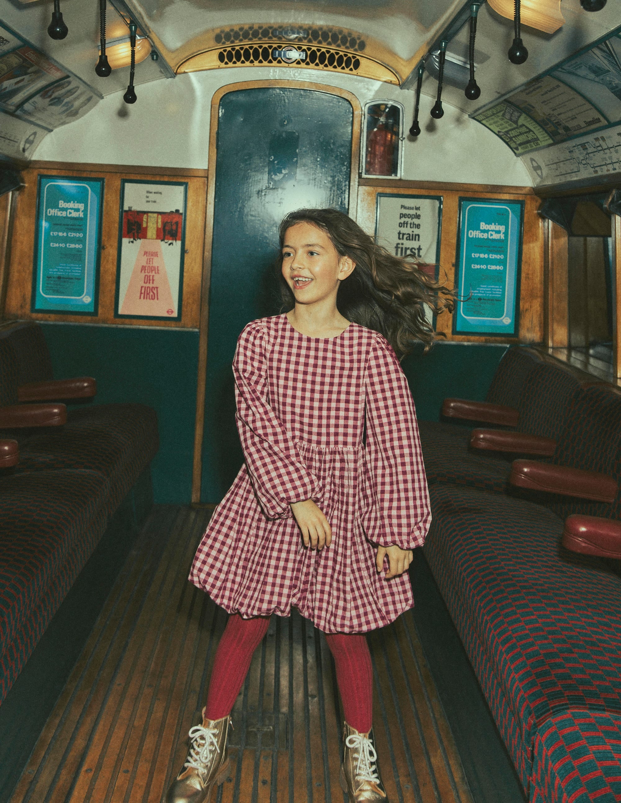 Long Sleeve Bubble Hem Dress-Red Check - Image 1