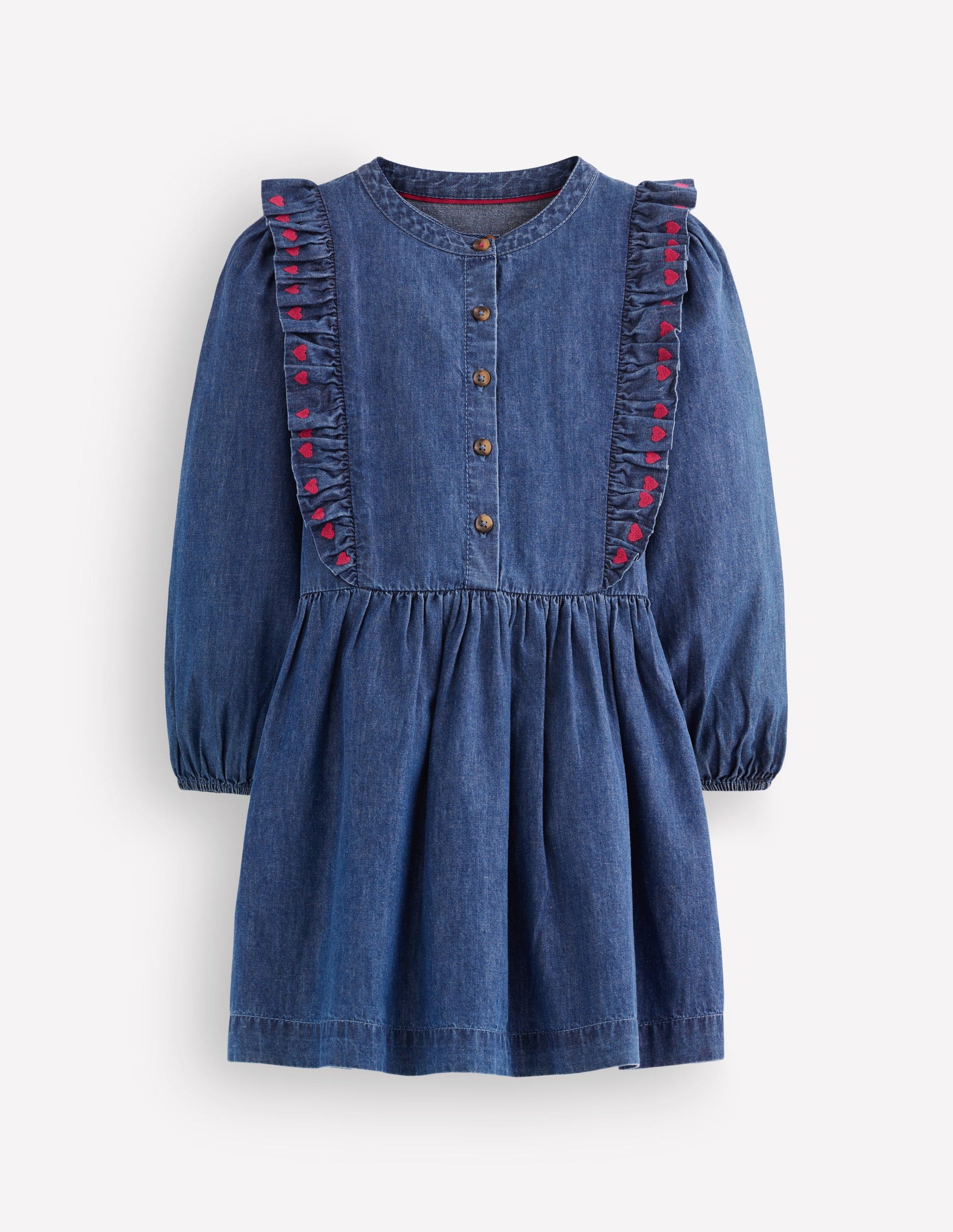 Winnie Frill Trim Shirt Dress-Denim Heart Embroidery-2