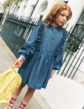 Winnie Frill Trim Shirt Dress-Denim Heart Embroidery