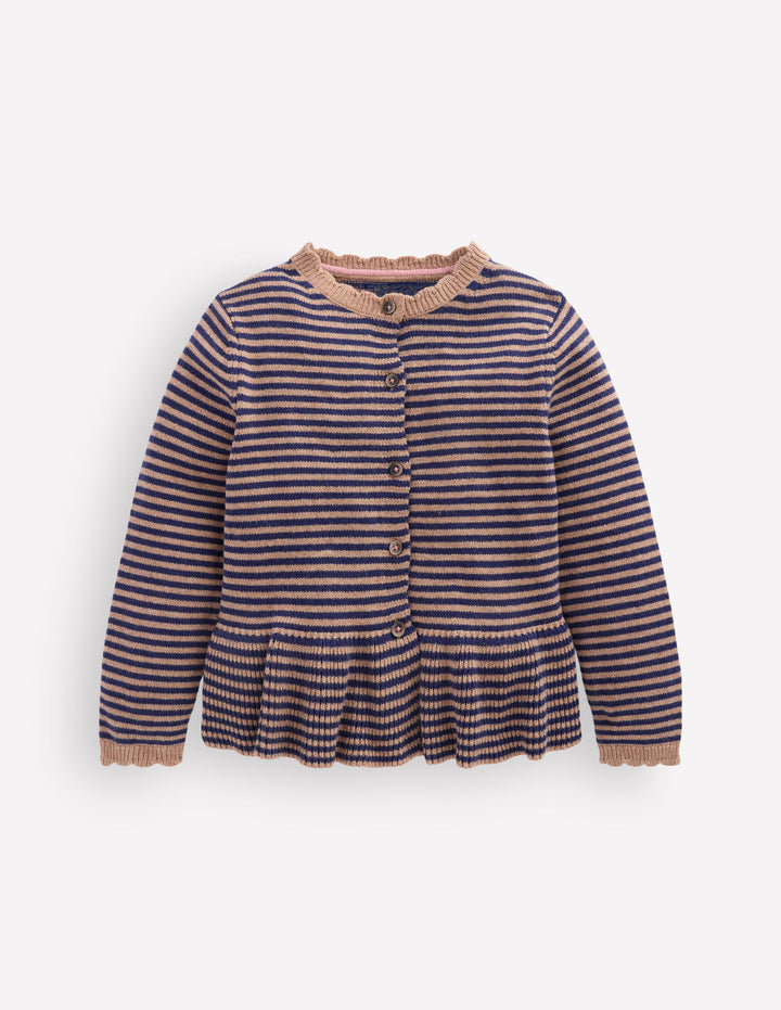 Pretty Peplum Cardigan-Camel/ College Navy Stripe