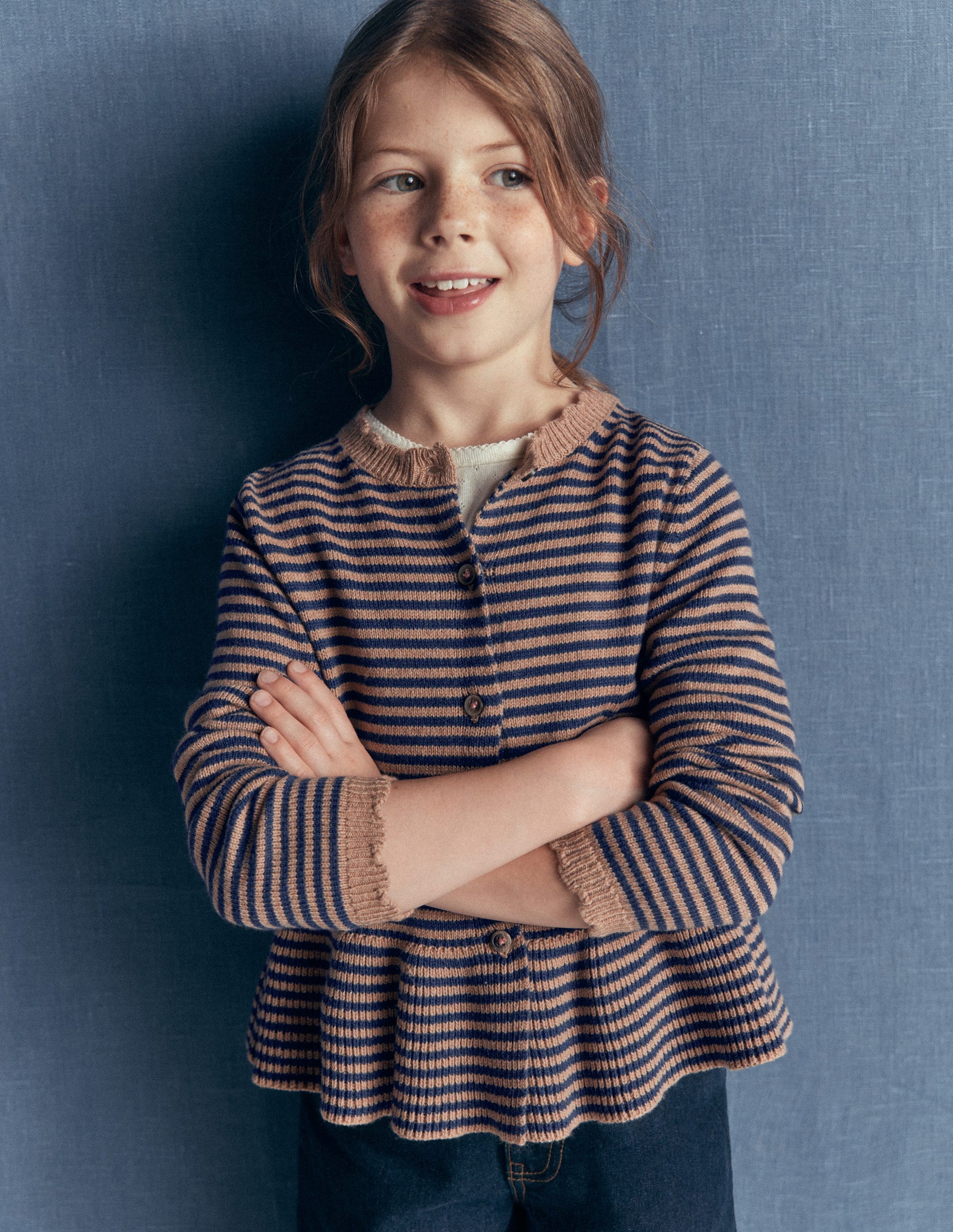 Pretty Peplum Cardigan-Camel/ College Navy Stripe-1