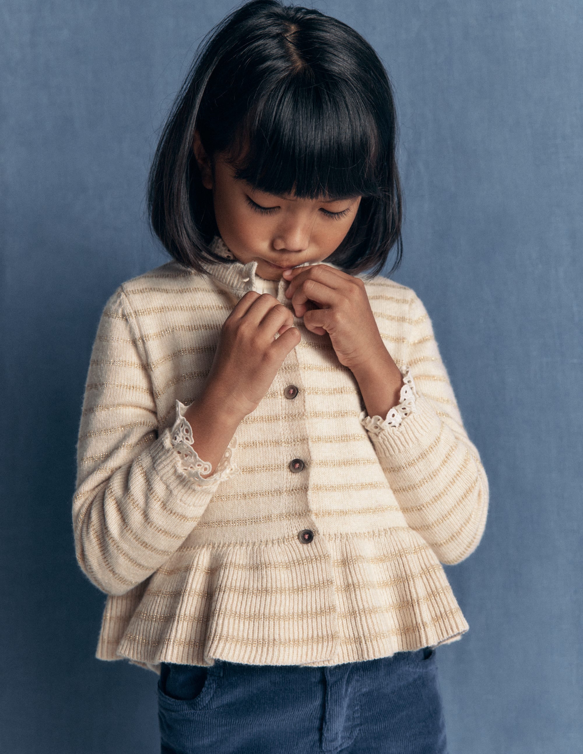 Pretty Peplum Cardigan-Oatmeal Marl Sparkle Stripe - Image 2