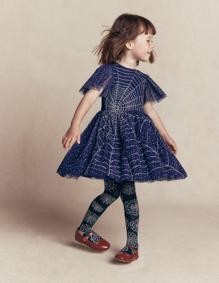 Appliqué Tulle Dress-College Navy Spiders Web