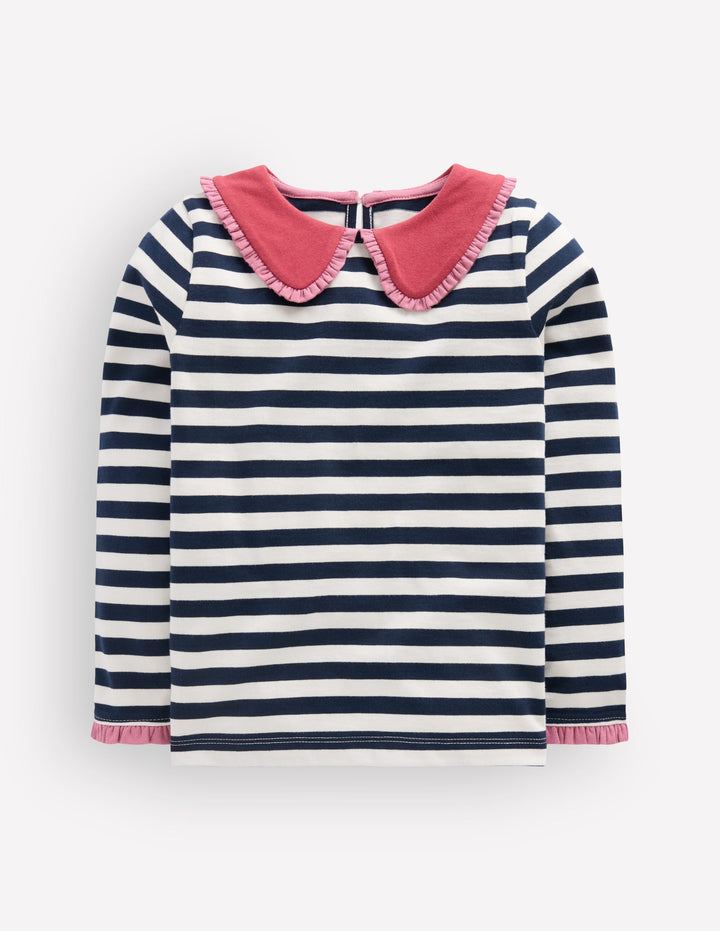 Collared Breton Jersey Top-Ivory and Navy Stripe