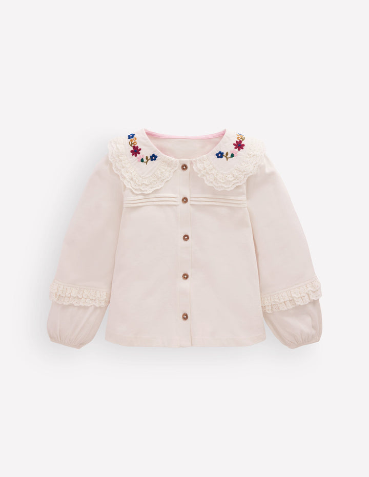 Broderie Collar Jersey Top-Soft Ivory
