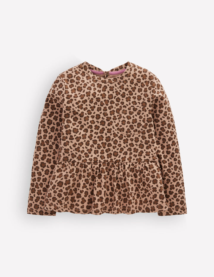 Long Sleeve Peplum Top-Brown Leopard