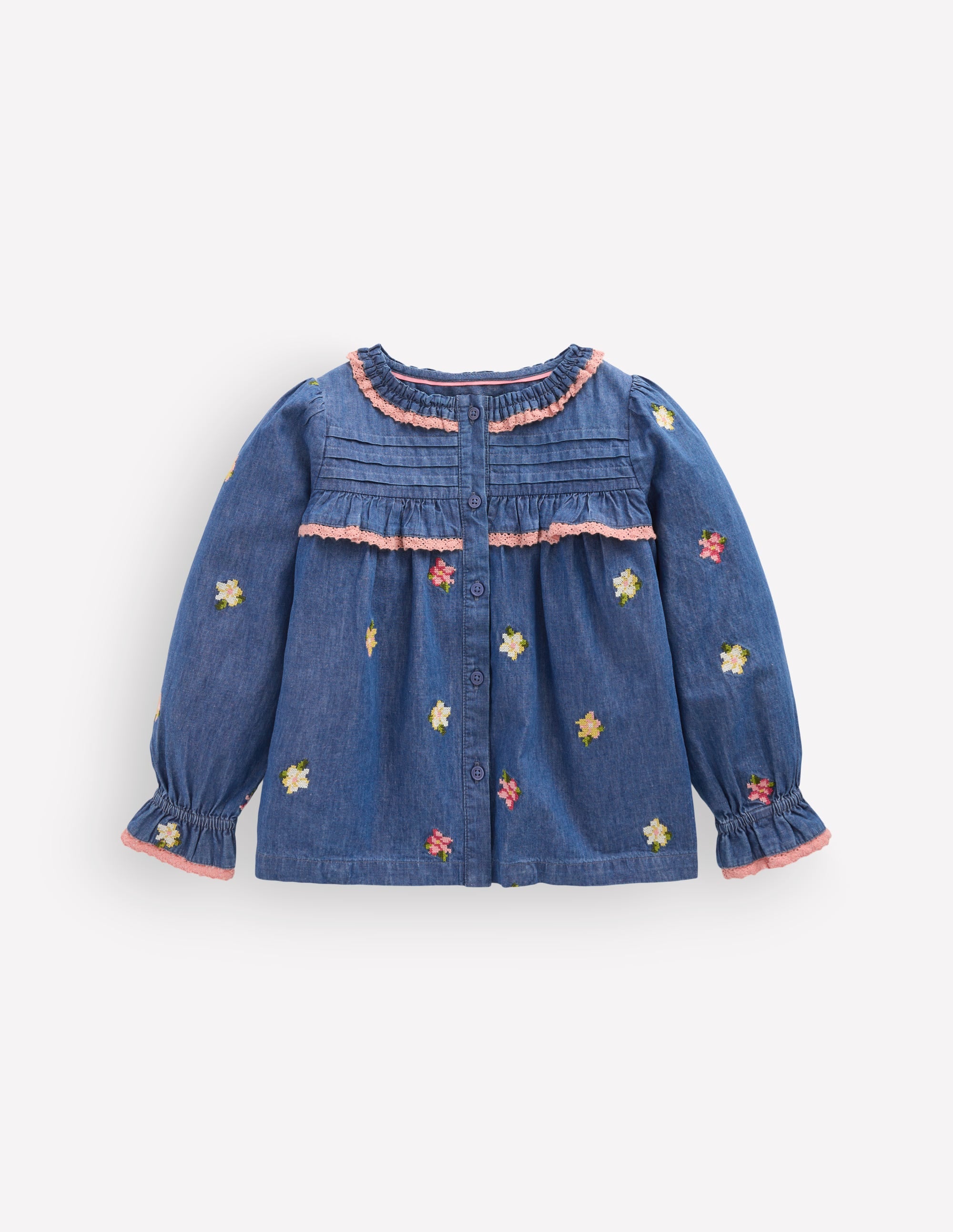 Frill Button Through Top-Chambray Embroidery - Image 2
