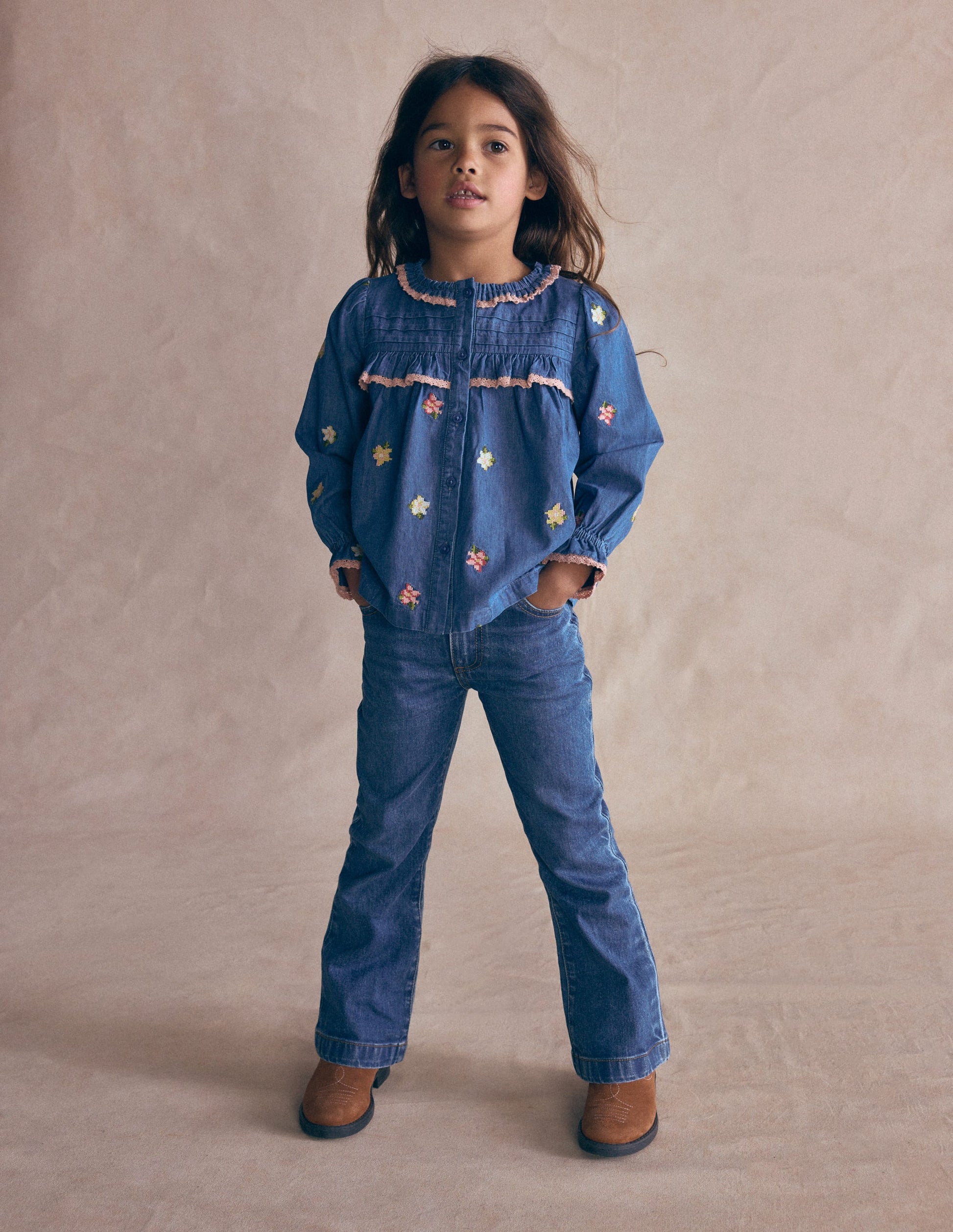 Frill Button Through Top-Chambray Embroidery-1