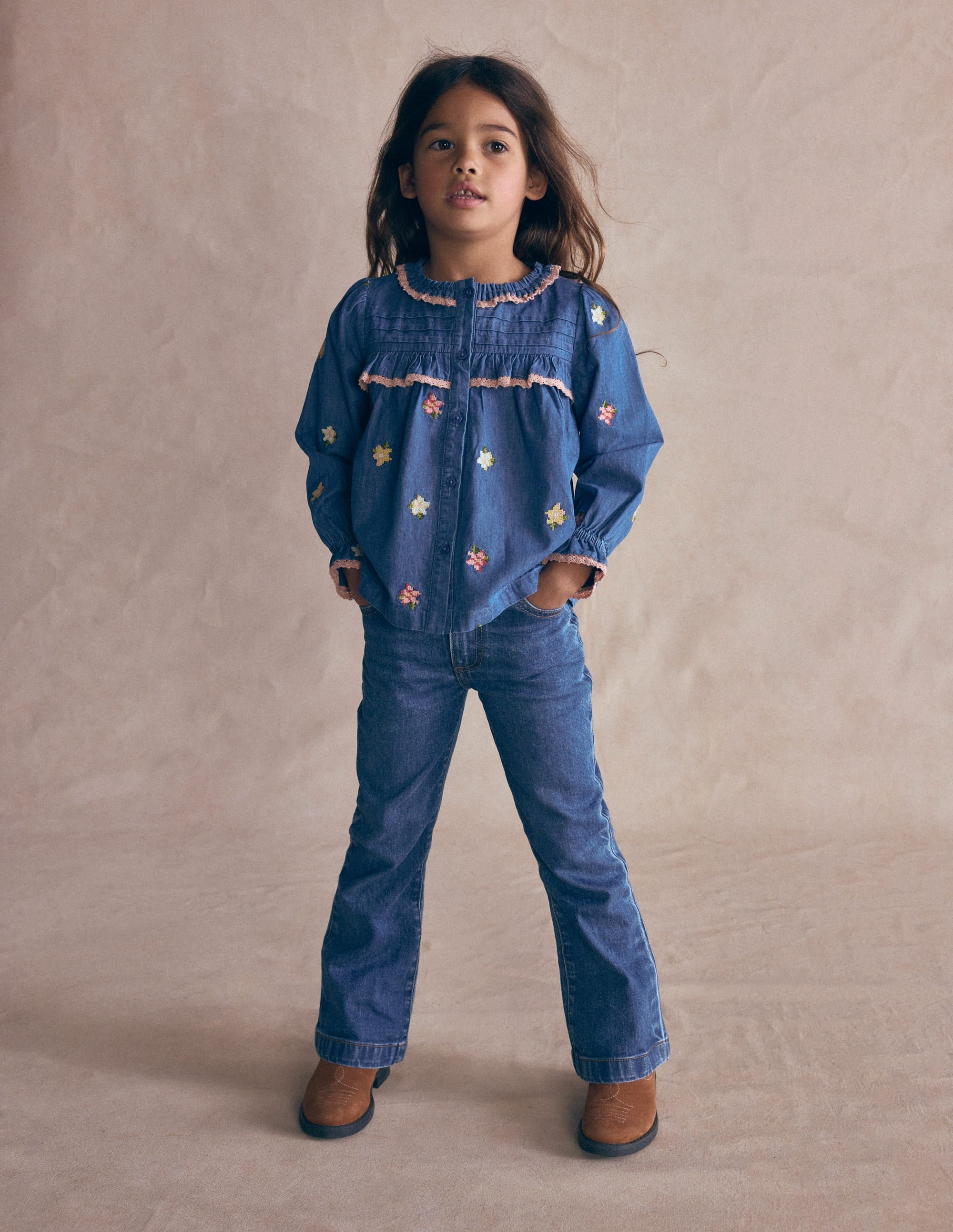 Frill Button Through Top-Chambray Embroidery - Image 1