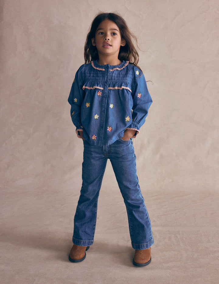 Frill Button Through Top-Chambray Embroidery