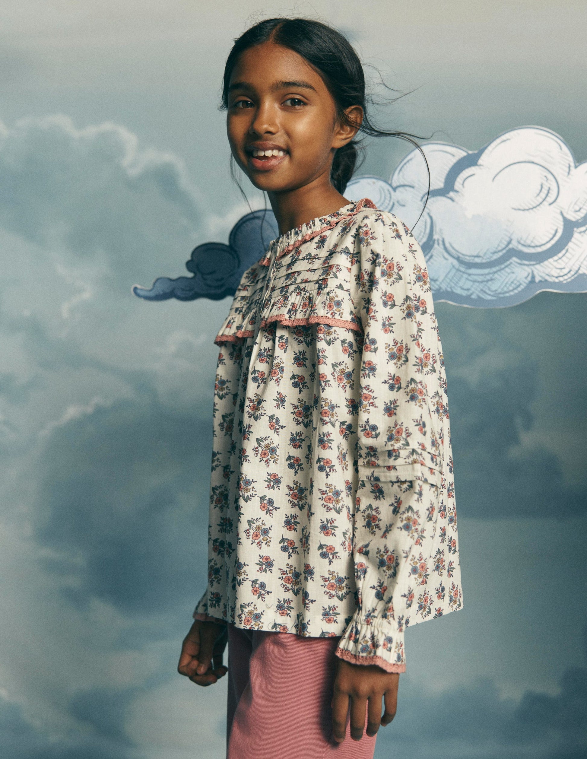 Frill Button Through Woven Top-Soft Cream Floral Trellis-1