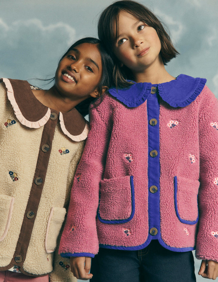 Embroidered Borg Jacket-Pink Heather