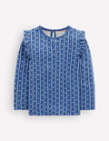 Frill Sleeve Slub Top-Blue Linear Hearts