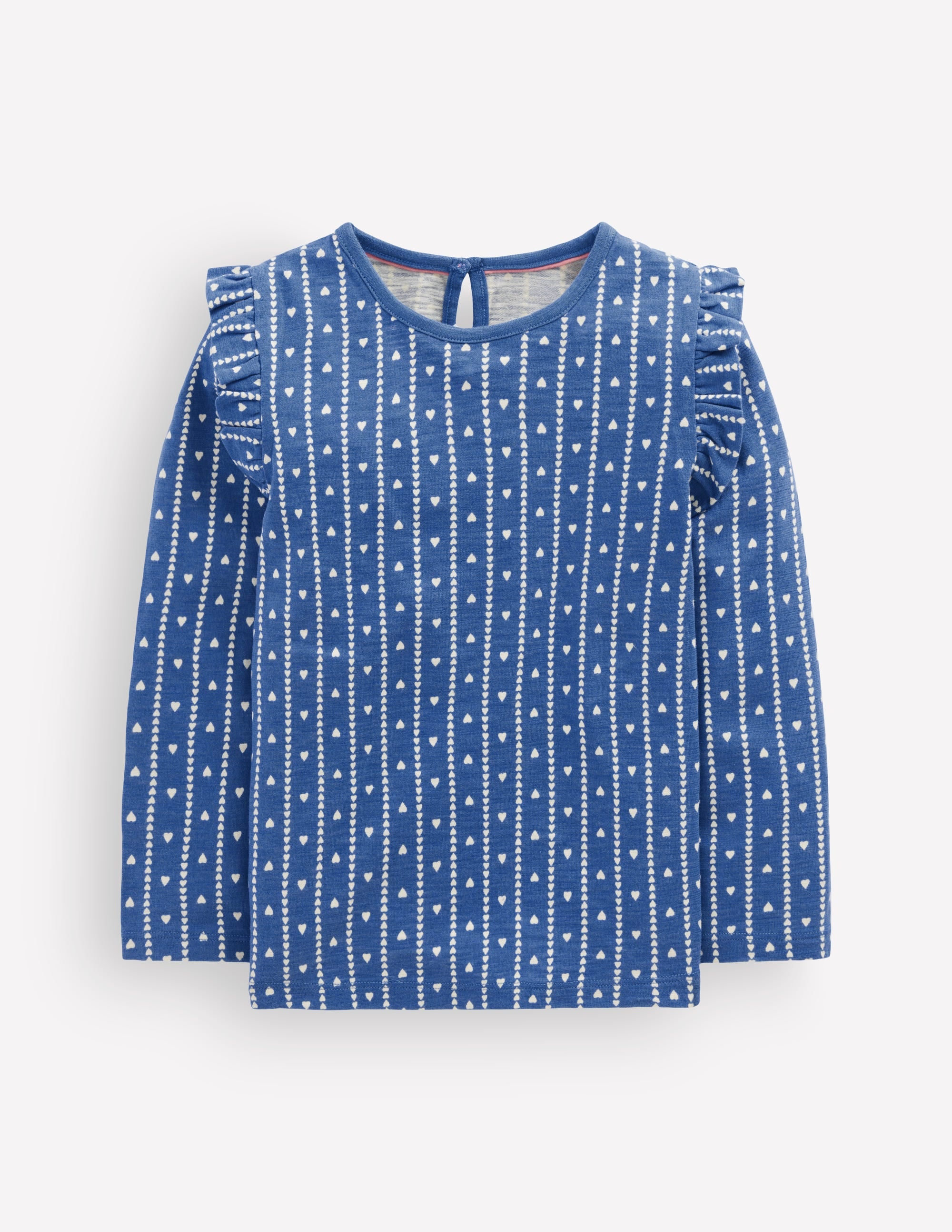 Frill Sleeve Slub Top-Blue Linear Hearts - Image 1