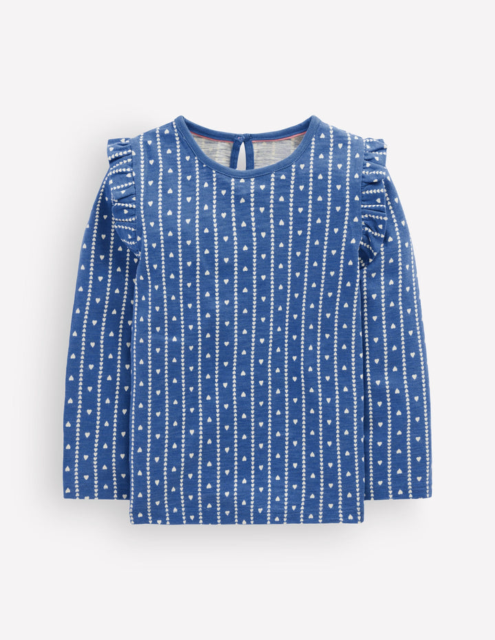 Frill Sleeve Slub Top-Blue Linear Hearts