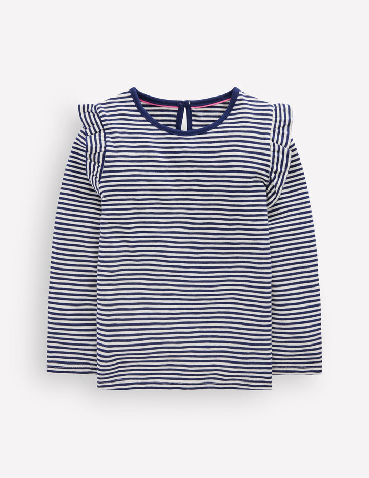 Frill Sleeve Slub Top-Soft Ivory/College Navy