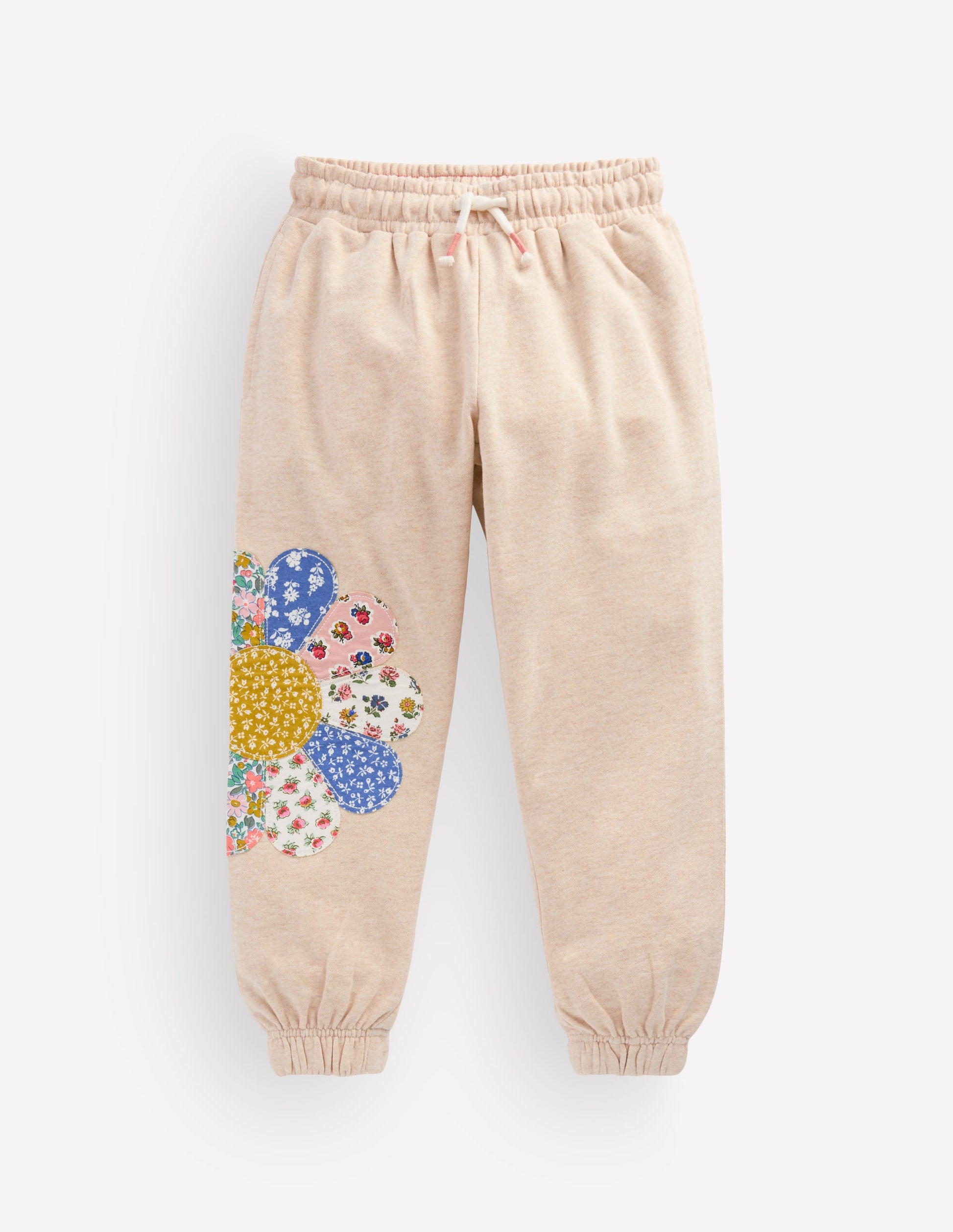 Appliqué Cuffed Joggers-Oatmeal Patchwork Flower-2
