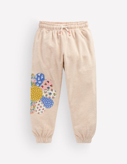 Appliqué Cuffed Joggers-Oatmeal Patchwork Flower