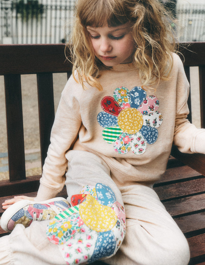Appliqué Cuffed Joggers-Oatmeal Patchwork Flower