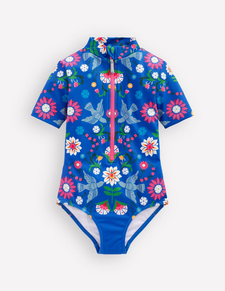Short Sleeve Swimsuit-Kingfisher Blue Bird Floral