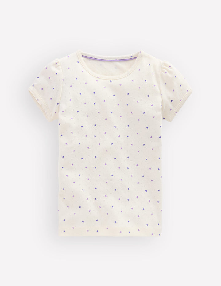 Short Sleeve Pointelle Top-White Heart Spot