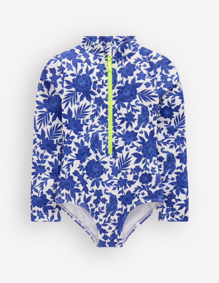 Long-Sleeved Swimsuit-Bright Blue Jungle Woodblock
