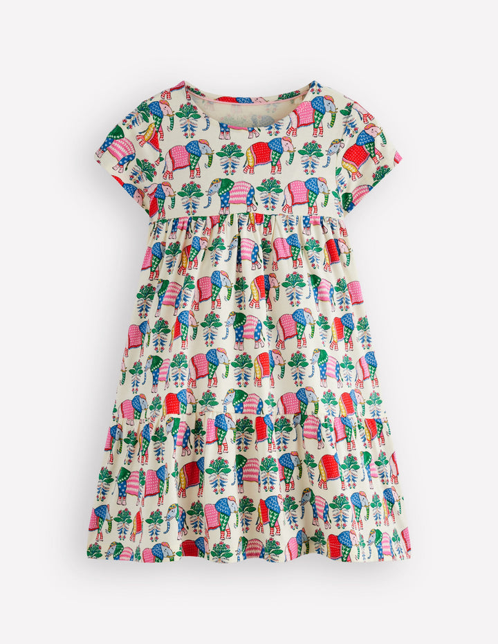 Ariel Twirly Jersey Dress-Multi Elephant Woodblock