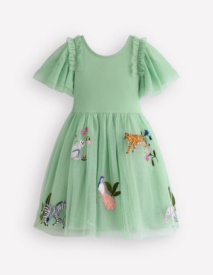 Short Sleeve Logo Tulle Dress-Green Jungle Animals