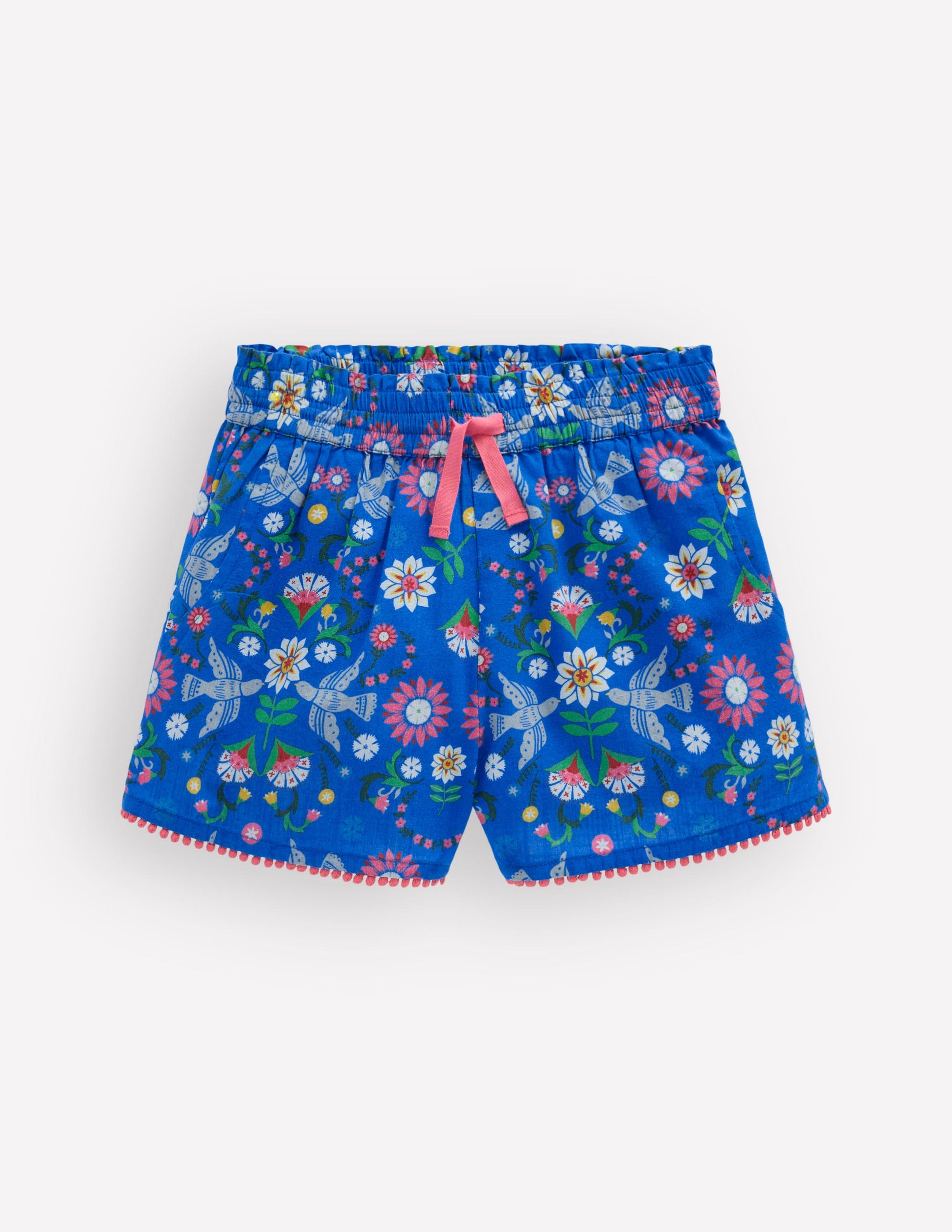 Pull-on Holiday Shorts-Kingfisher Blue Bird Floral-1