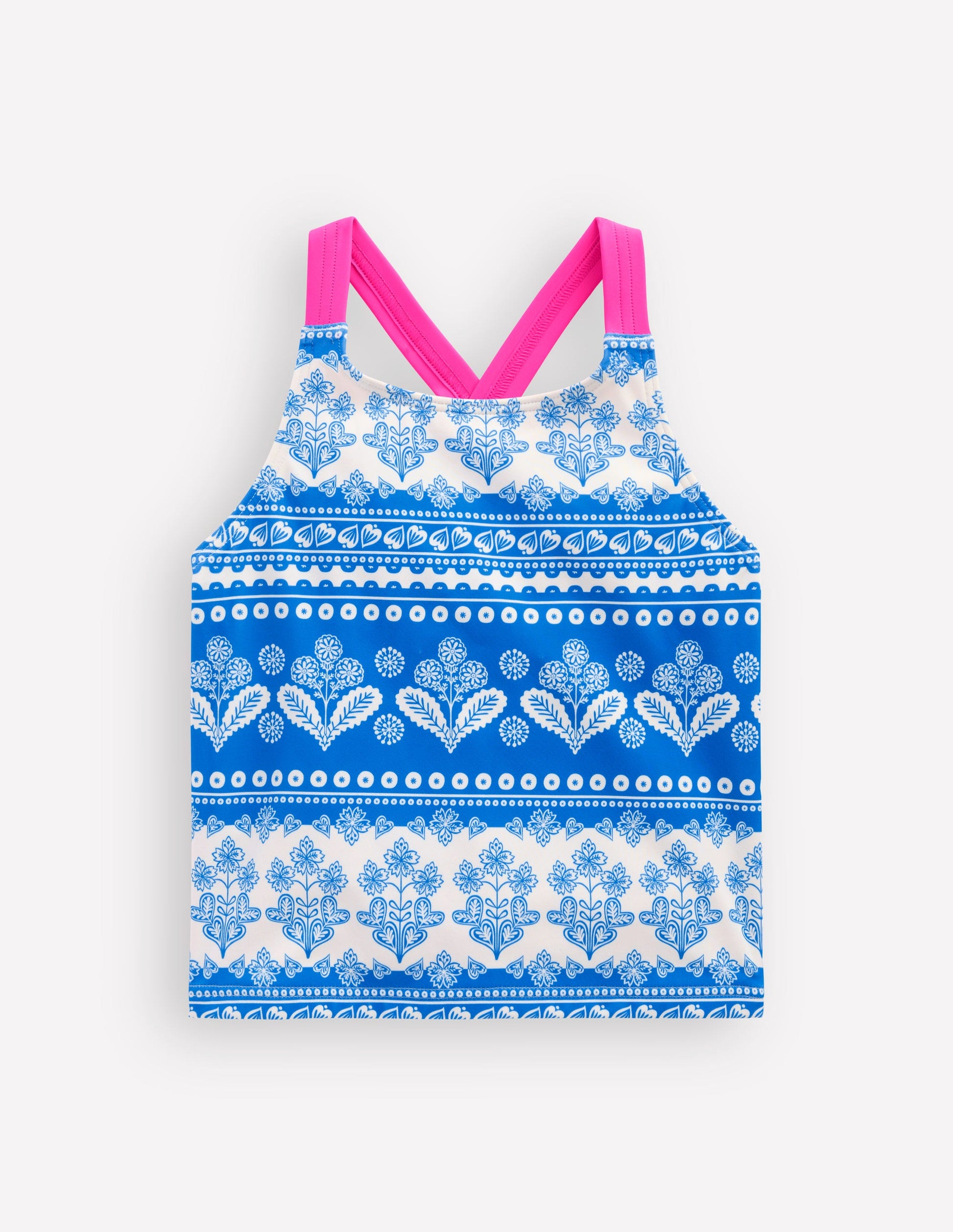 Cross-Back Tankini Top-Azure Blue Woodblock-1