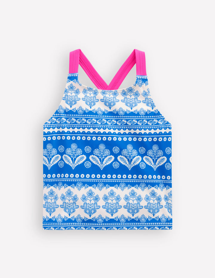 Cross-Back Tankini Top-Azure Blue Woodblock