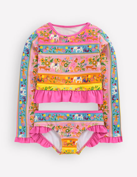 Long Sleeve Frill Set-Multi Tropical Animals