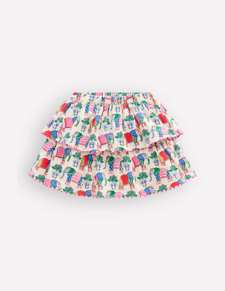 Ruffle Jersey Skort-Multi Elephant Woodblock