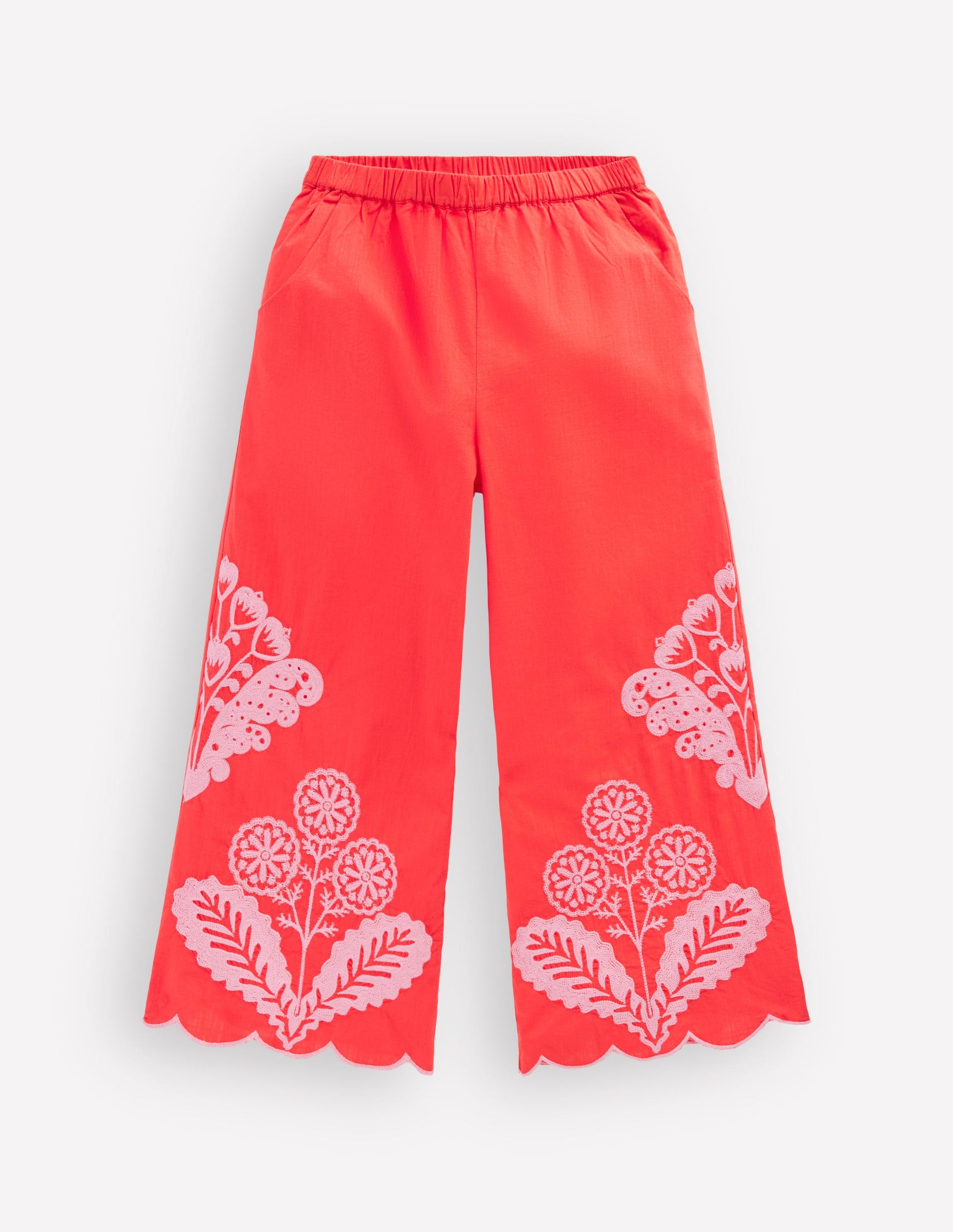 Scallop Hem Trousers-Spicy Red Neon Embroidery-1