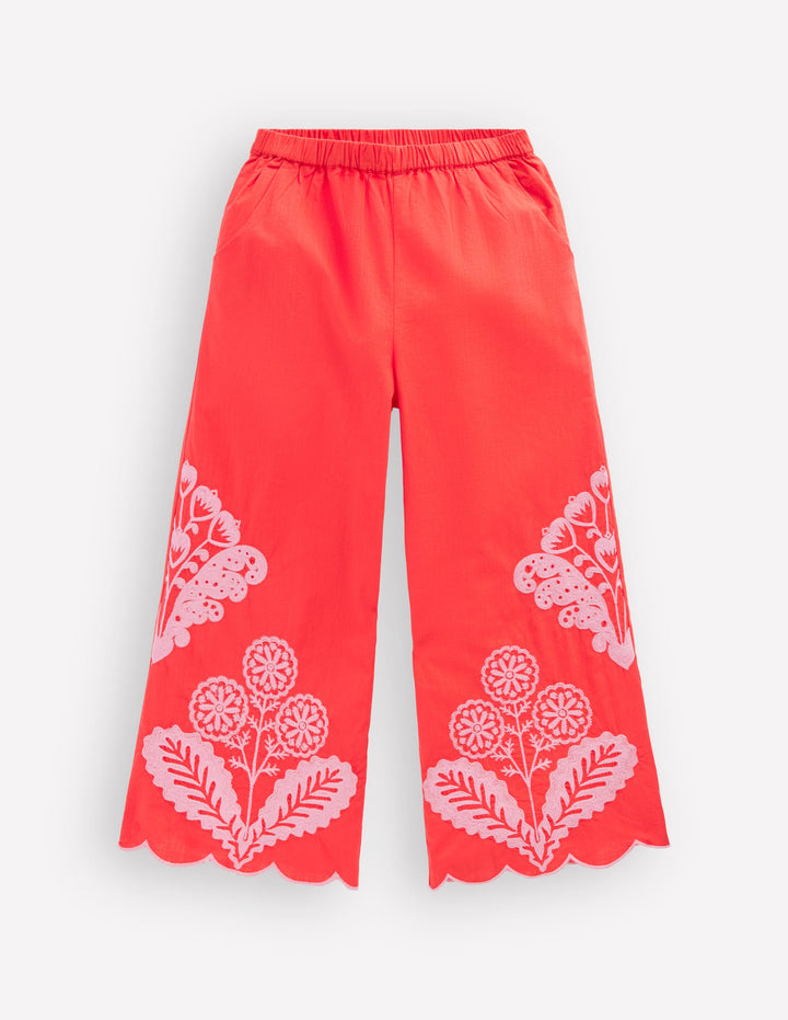 Scallop Hem Trousers-Spicy Red Neon Embroidery