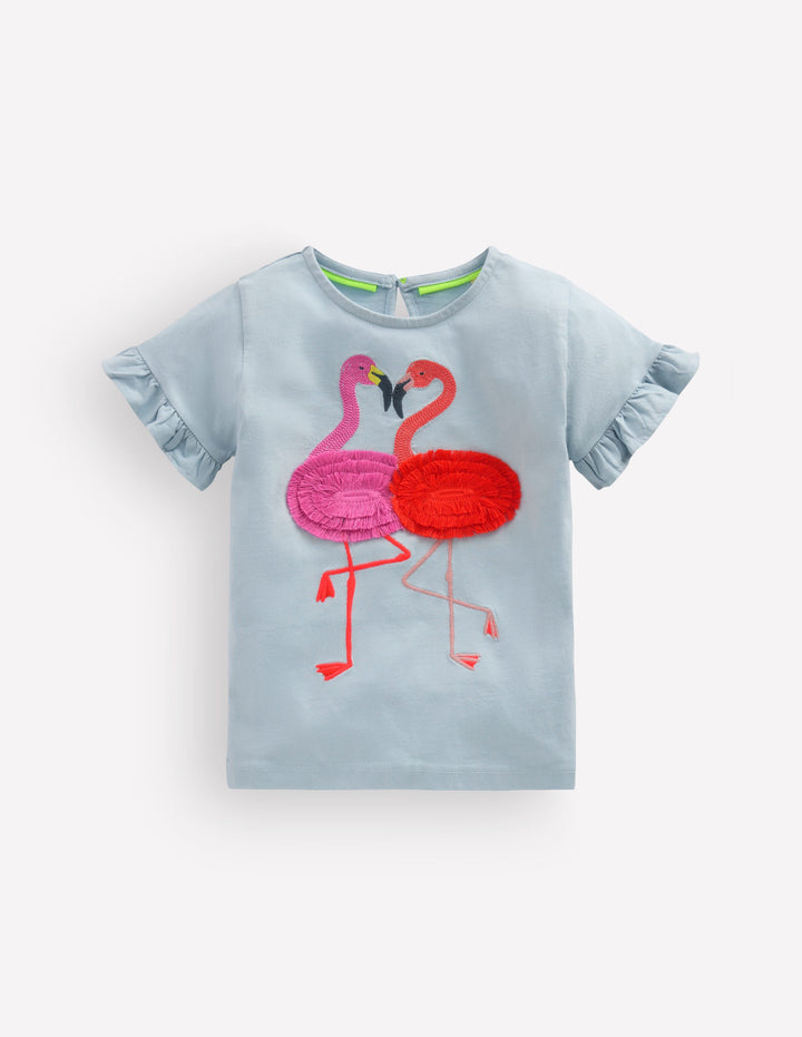 Pretty Frill T-shirt-Misty Blue Flamingos