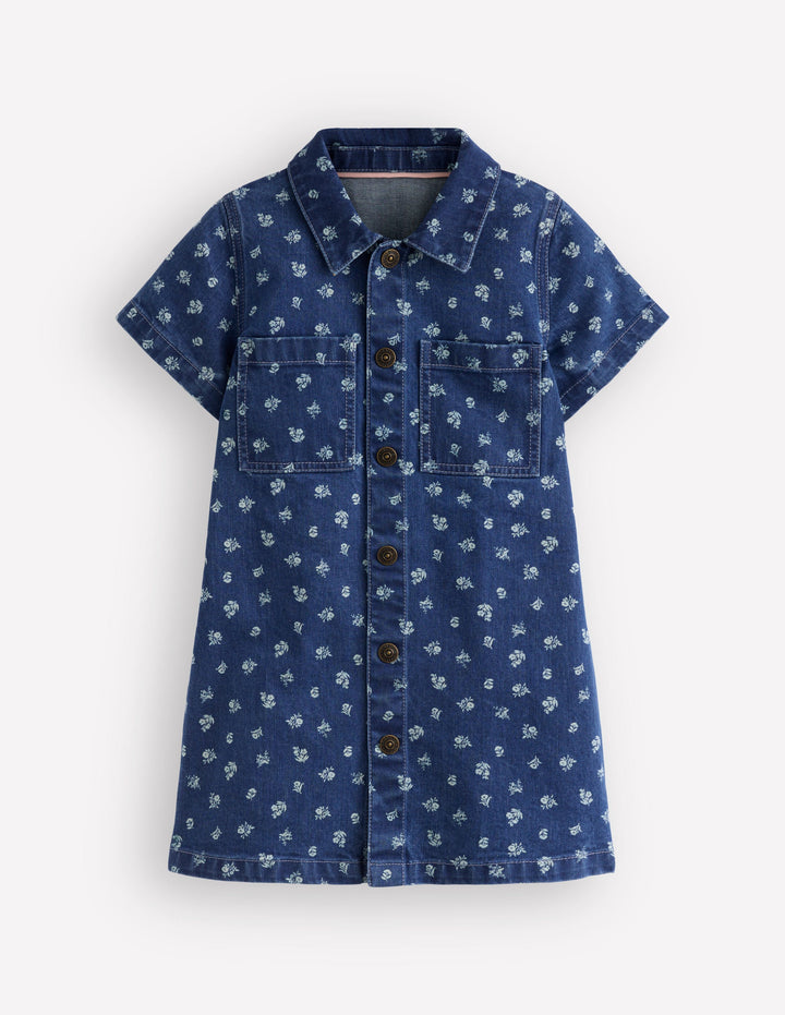 Denim Shirt Dress-Blue Ditsy Floral