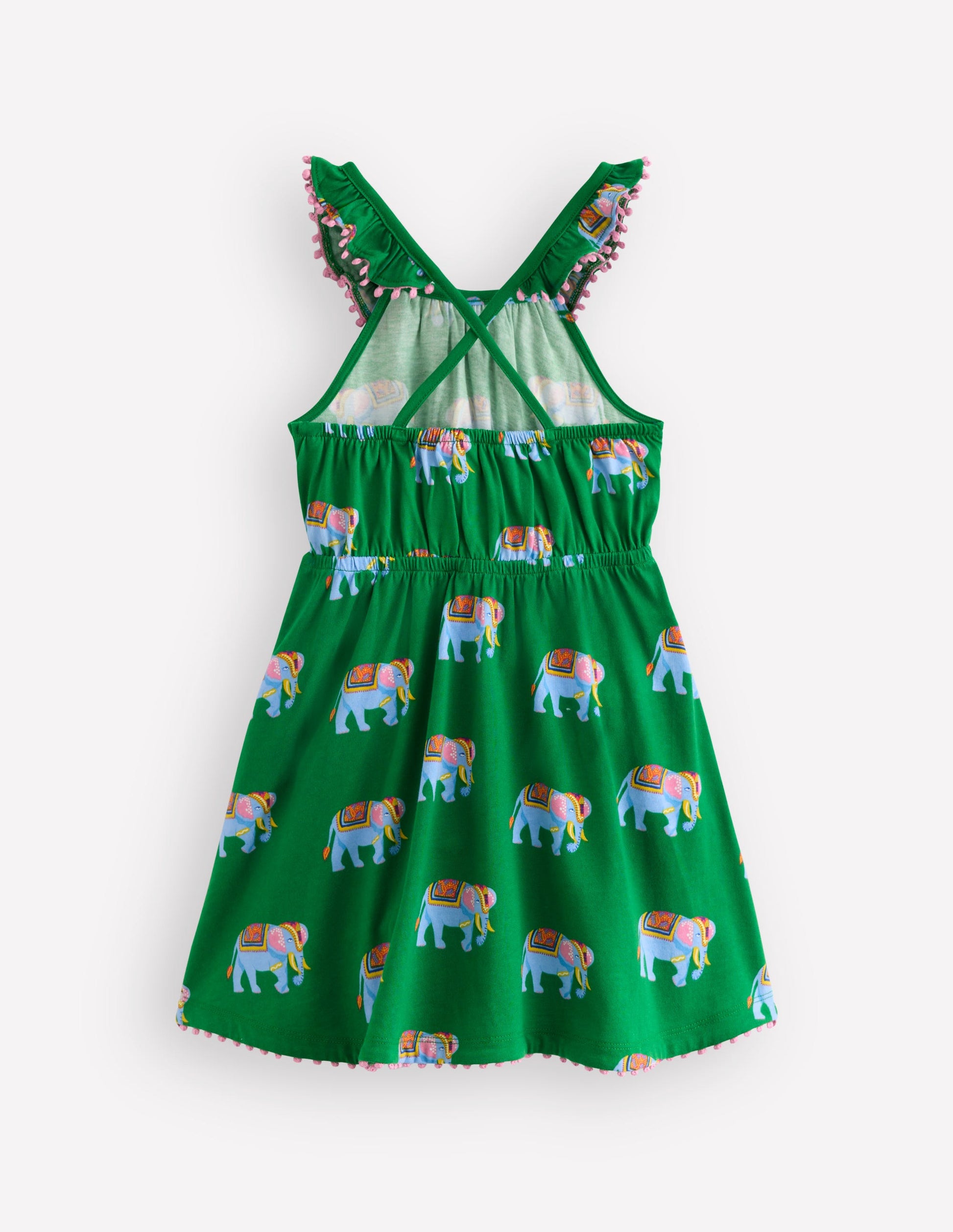 Ruffle Neck Trim Dress-Highland Green Elephants-3