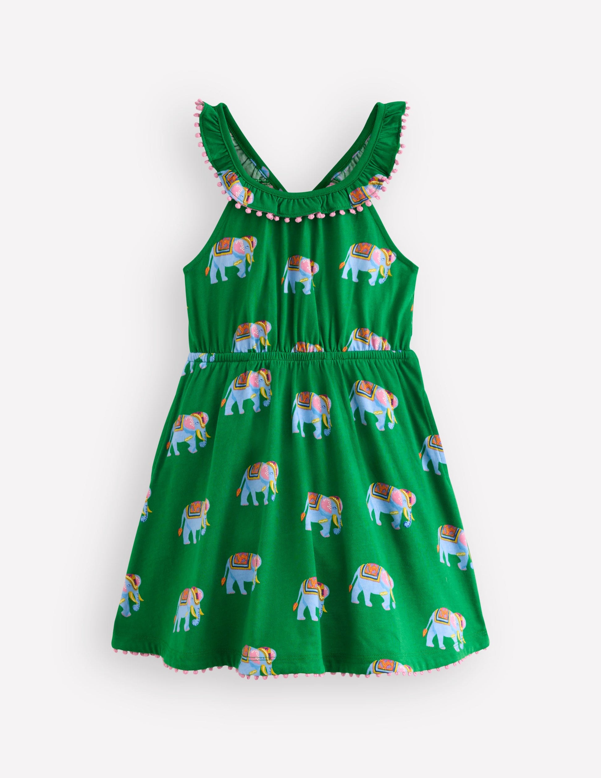Ruffle Neck Trim Dress-Highland Green Elephants-2