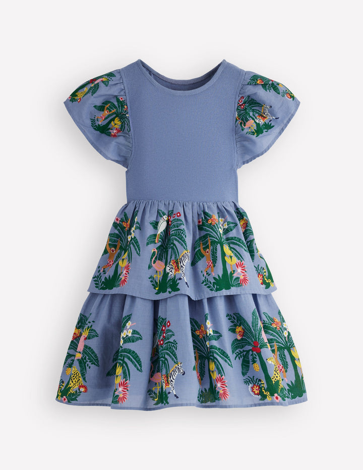 Woven Mix Twirly Dress-Azure Blue Jungle Trellis