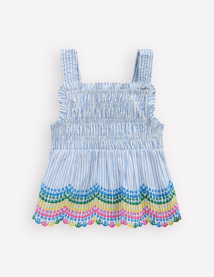 Embroidered Shirred Top-Ticking Rainbows