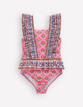 Frill Peplum Swimsuit-Pink Multi Woodblock