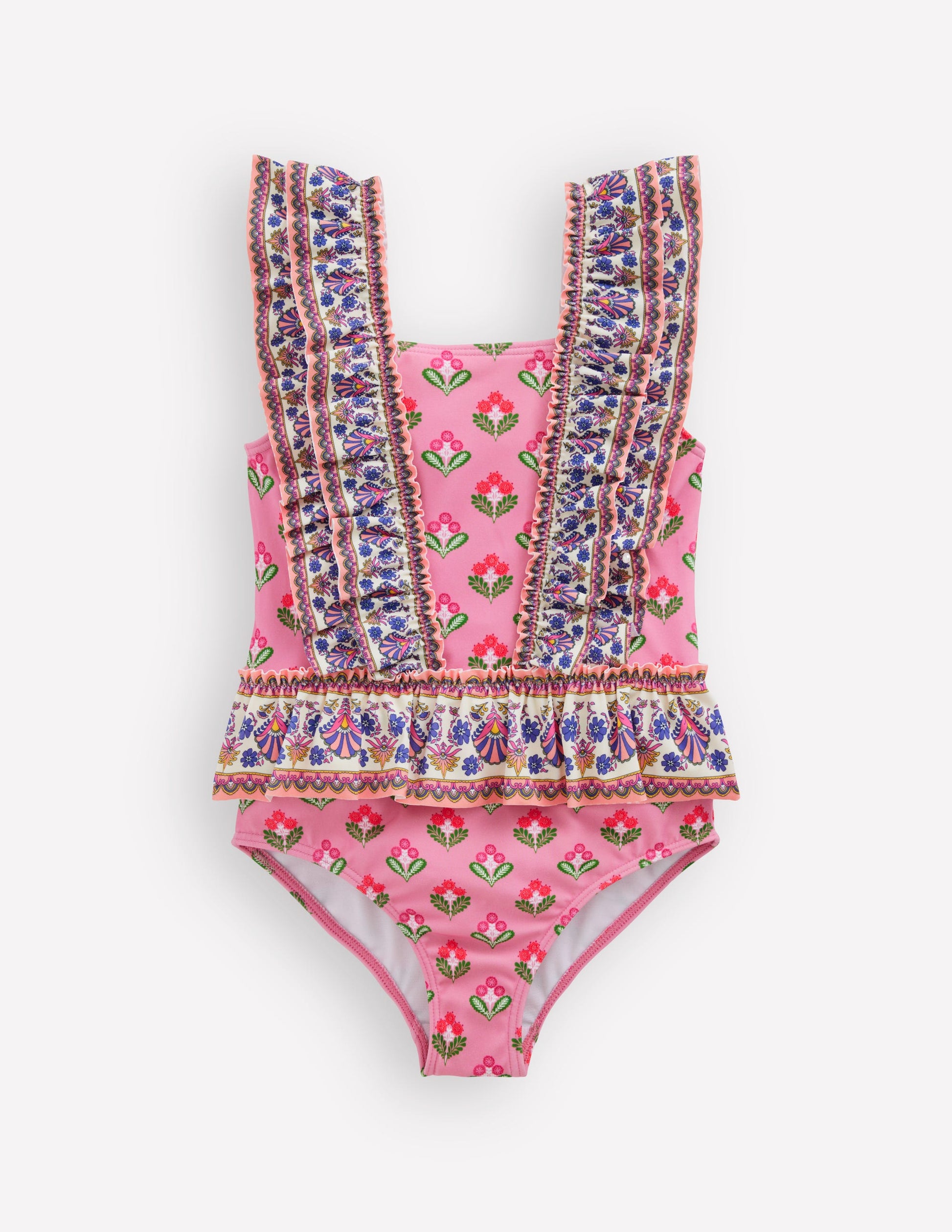 Frill Peplum Swimsuit-Pink Multi Woodblock-1