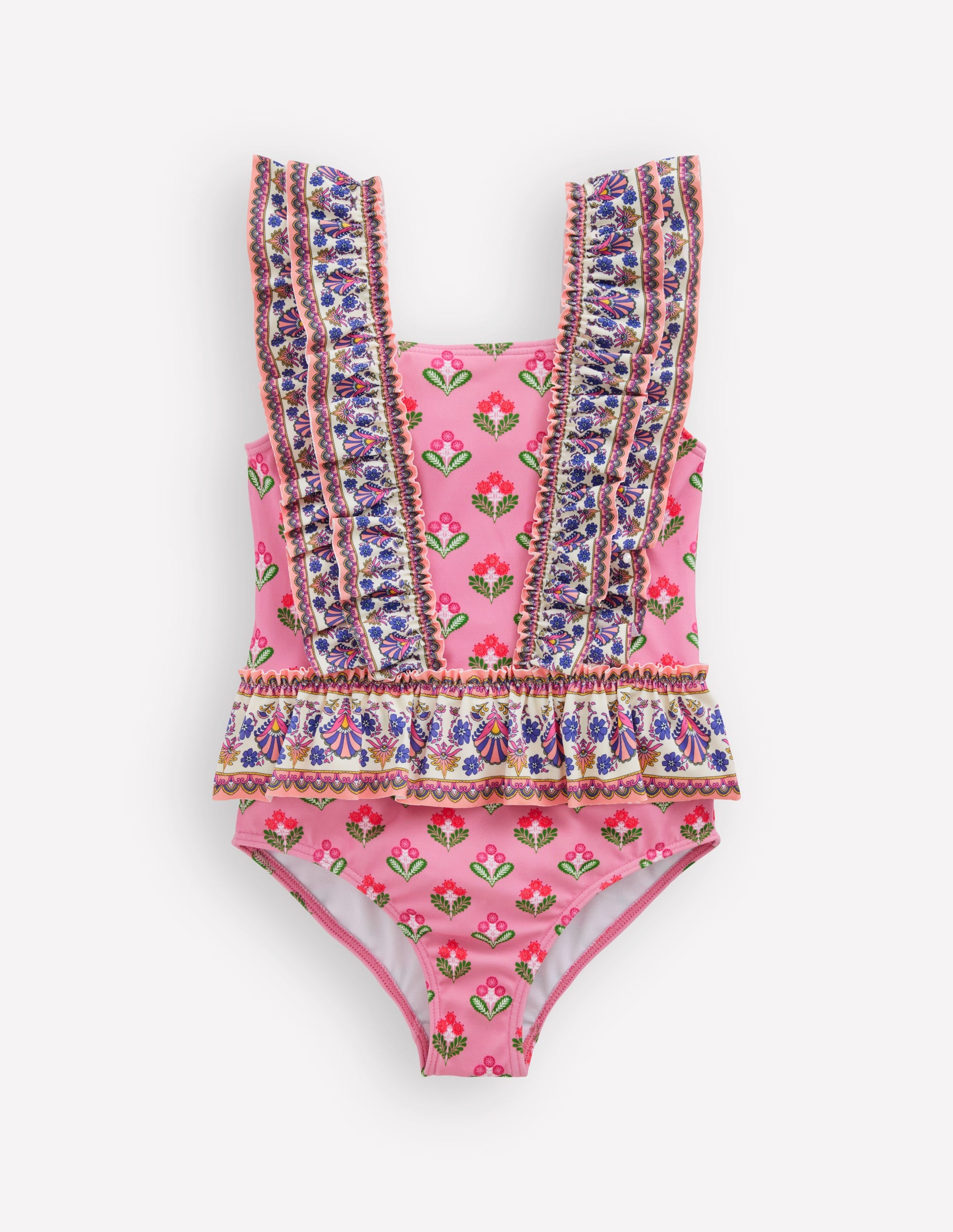 Frill Peplum Swimsuit-Pink Multi Woodblock - Image 1