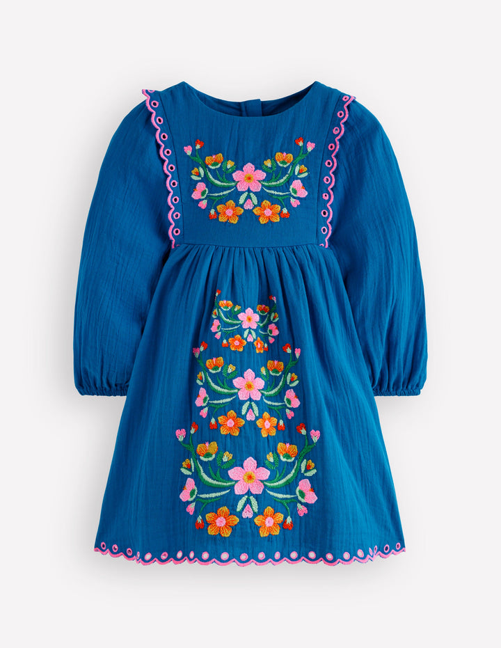 Embroidered Woven Dress-Kingfisher Blue