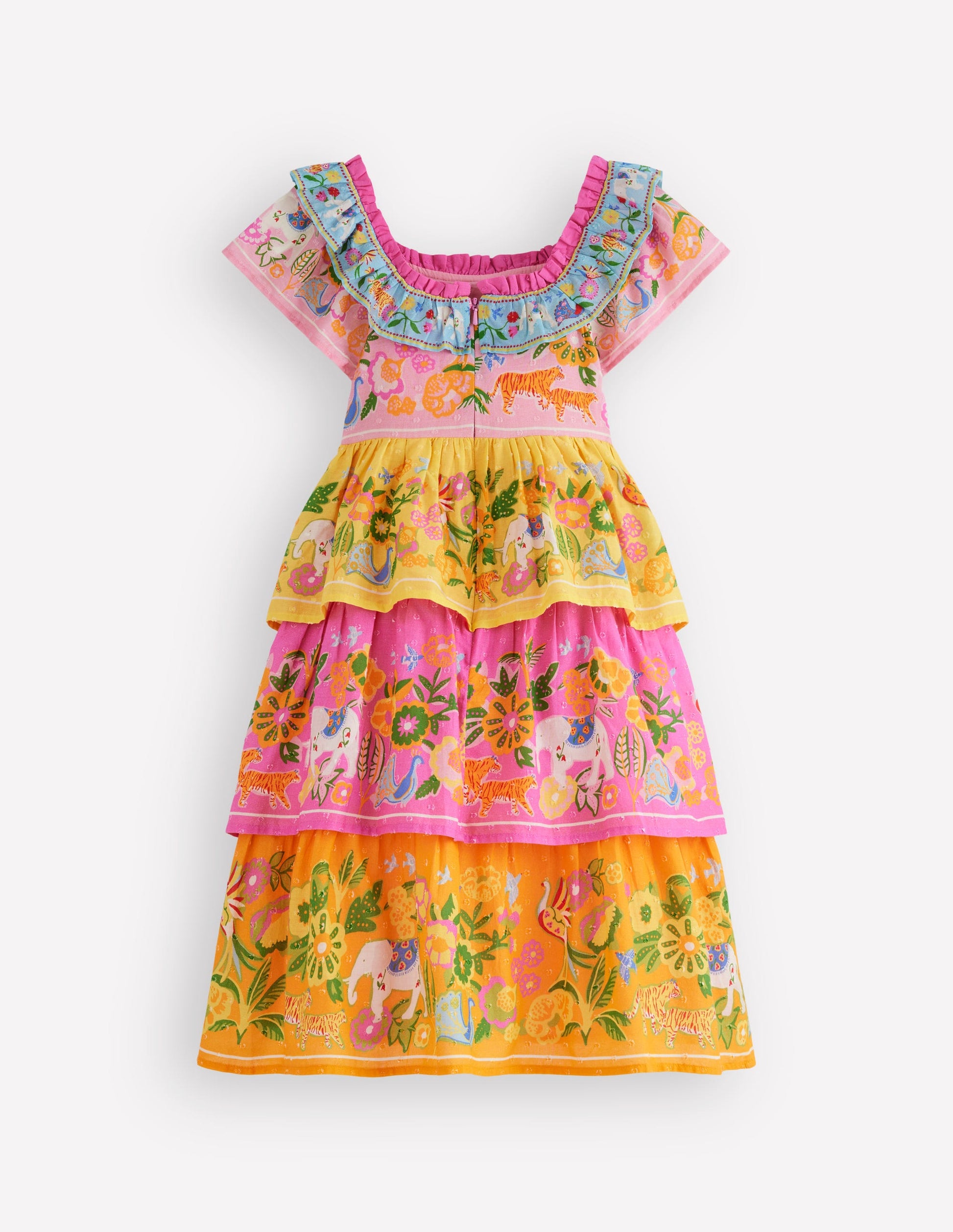 Tiered Ruffle Woven Dress-Sunflower Yellow Jungle Animal-3