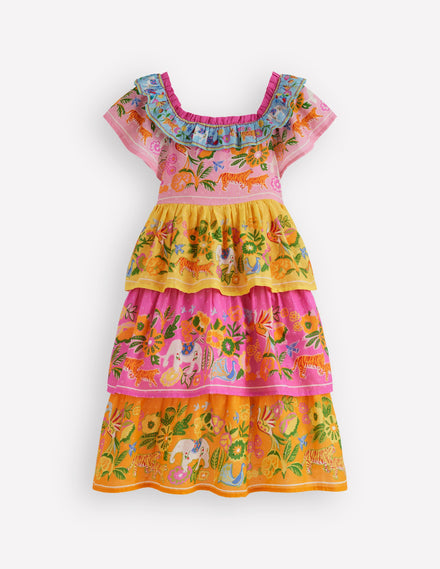 Tiered Ruffle Woven Dress-Sunflower Yellow Jungle Animal