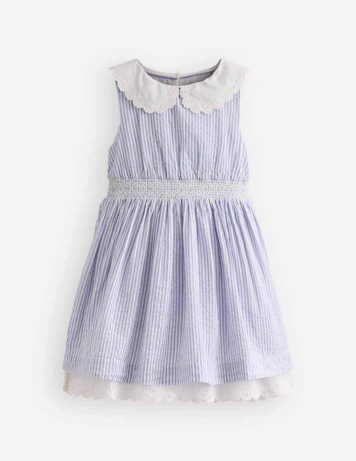 Nostalgic Broderie Dress-Salt Blue Ticking Stripe